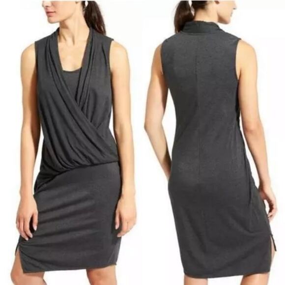 Athleta Gray Duet Faux Wrap Sleeveless Draped Asymmetrical Stretchy Dress Sz S - Picture 1 of 10